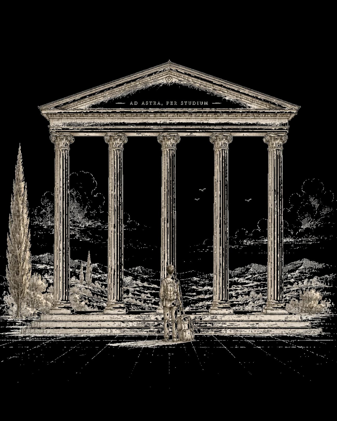 A student before a classical temple — ad astra, per studium